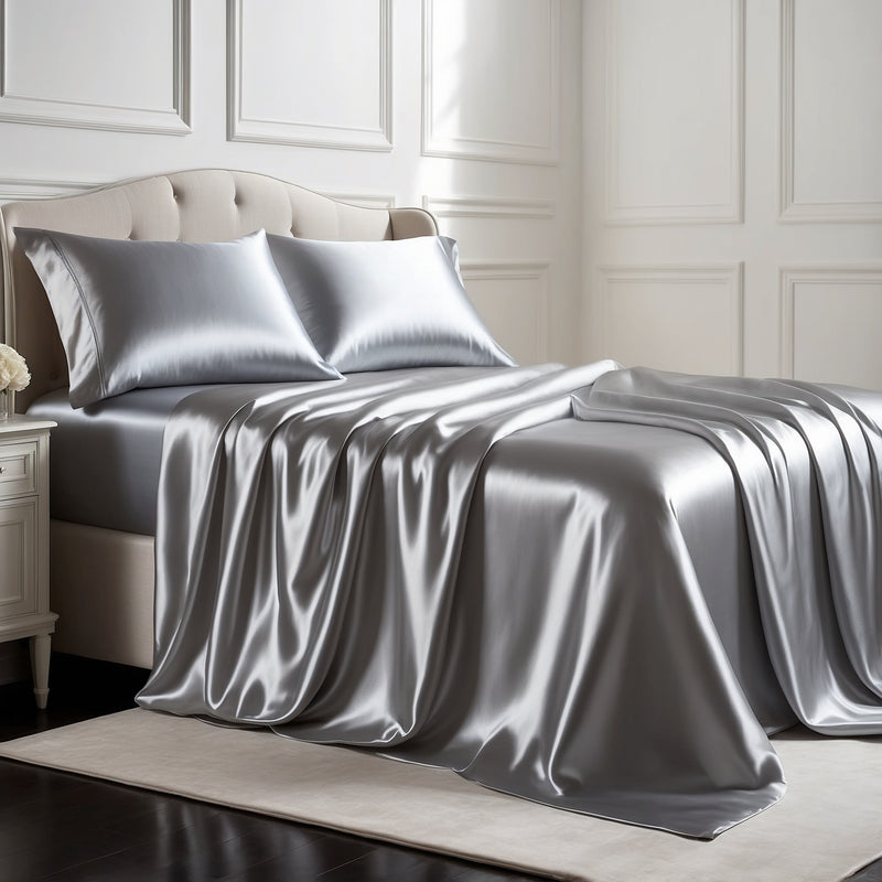 SET SEIDE 4 TEILE | LUXUSBETT IN ÄGYPTISCHER SEIDE SILBER