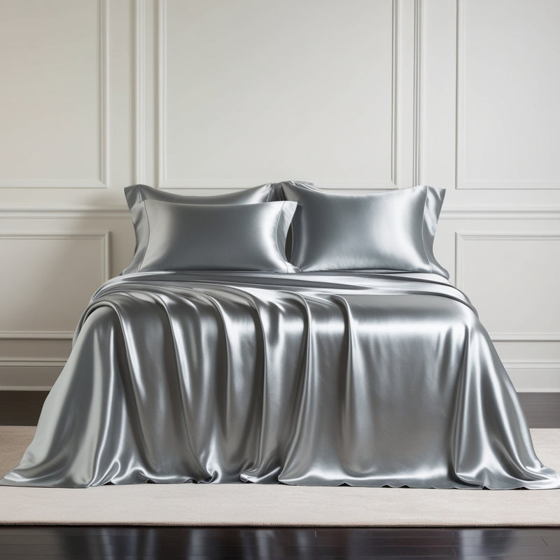 SET SEIDE 4 TEILE | LUXUSBETT IN ÄGYPTISCHER SEIDE SILBER