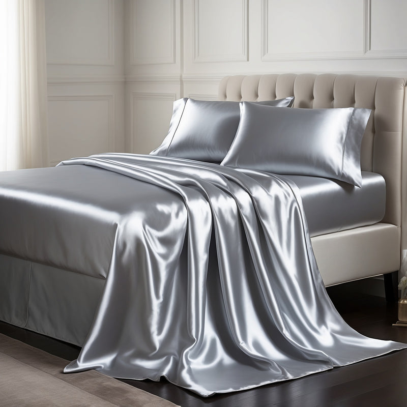 SET SEIDE 4 TEILE | LUXUSBETT IN ÄGYPTISCHER SEIDE SILBER